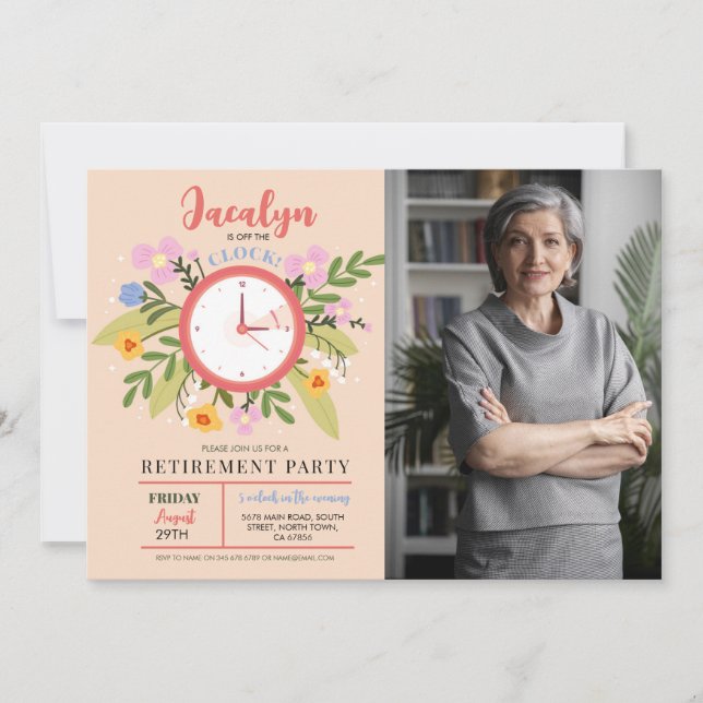 Women's Retirement Off The Clock Floral Fun Photo  Invitation (Front)