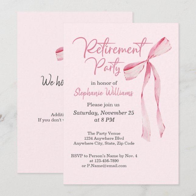 Women's Retirement Party Elegant Pink Bow  Invitation (Front/Back)