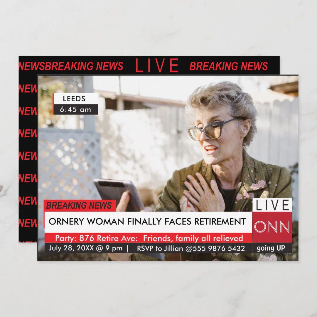 Womens Retirement Party Funny Breaking TV News  Invitation (Front/Back)