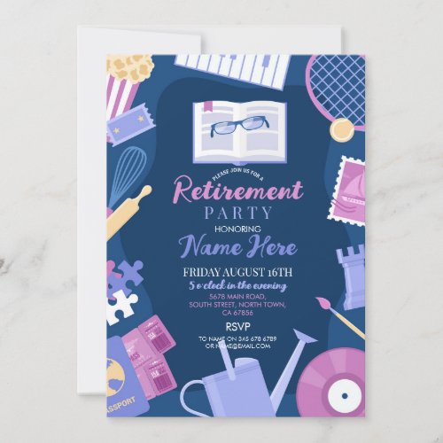 Womens Retirement Party Hobbies Navy  Invitation