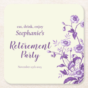 Women's Retirement Party Lavender Wildflower Square Paper Coaster