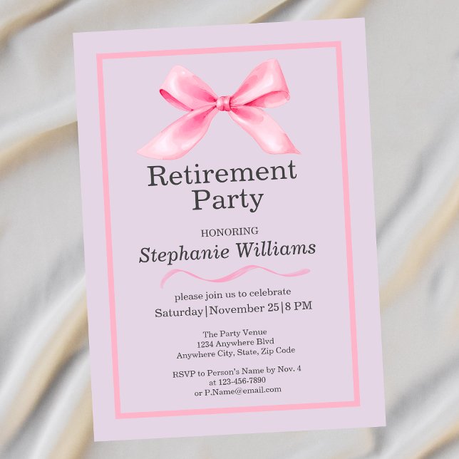 Women's Retirement Party Modern Elegant Pink Bow  Invitation (Creator Uploaded)