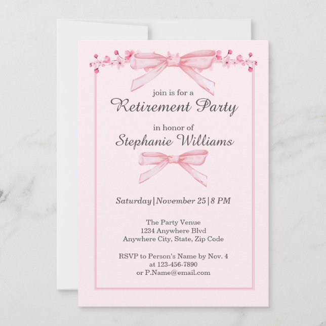 Women's Retirement Pink Bow Flowers Border Party Invitation (Front)