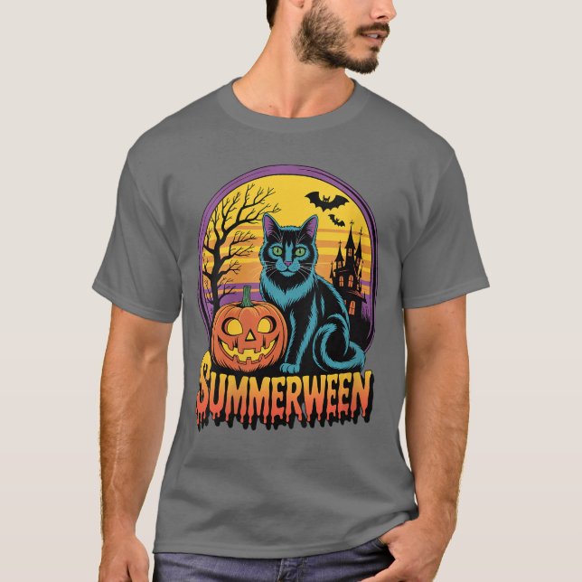 Womens Retro Black Cat Spooky Cute Art Summerween  T-Shirt (Front)