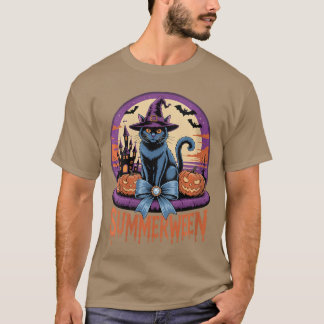 Womens Retro Black Cat Spooky Cute Art Summerween T-Shirt
