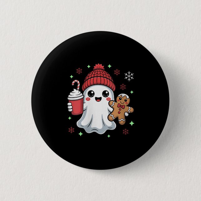 Womens Retro Ghost Beanie Christmas Holiday Xmas C Button (Front)