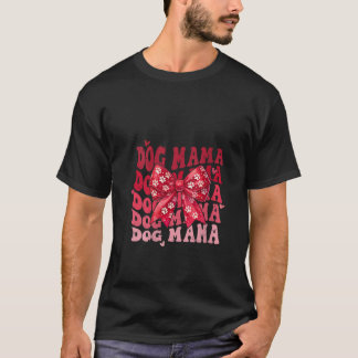 Womens Retro Groovy Dog Mama Dog Paws Coquette Bow T-Shirt