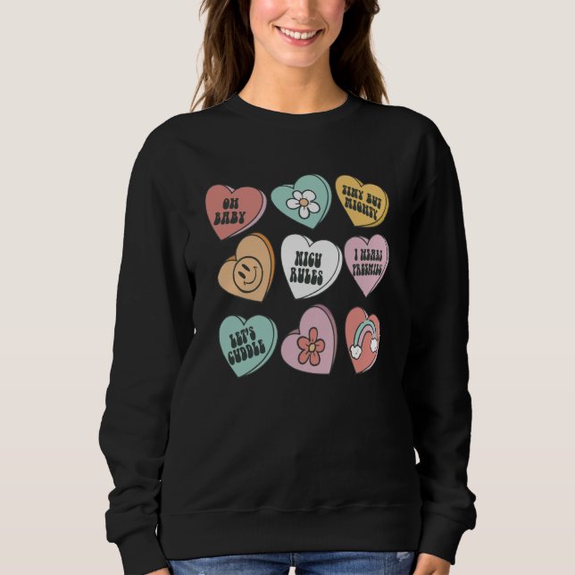 Womens Retro Groovy Heart Candy NICU Nurse Valenti Sweatshirt (Front)