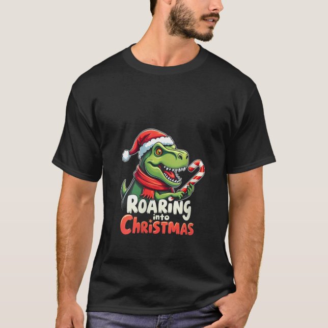 Womens Roaring into Christmas T Rex Santa Hat Cand T-Shirt (Front)