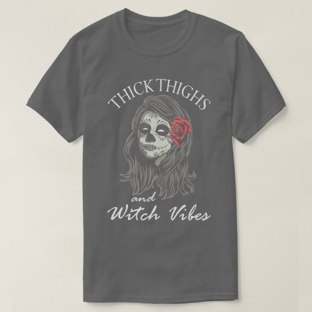 Womens Scary Halloween design broom thick thighs w T-Shirt (Design Front)