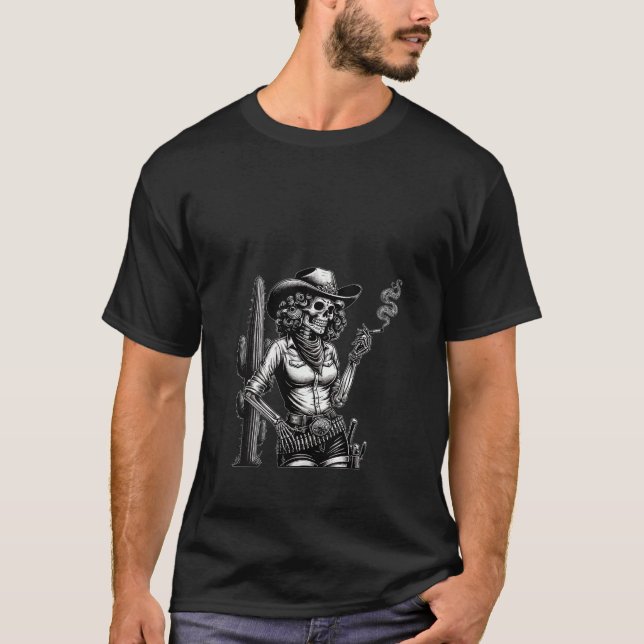 Womens Skeleton Smoking Cowgirl Smoker Cactus West T-Shirt (Front)
