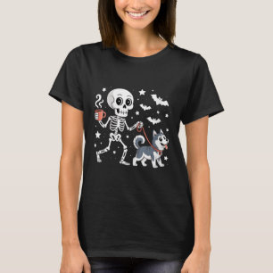 Womens Skeleton Walking Siberian Husky Dog Coffee T-Shirt