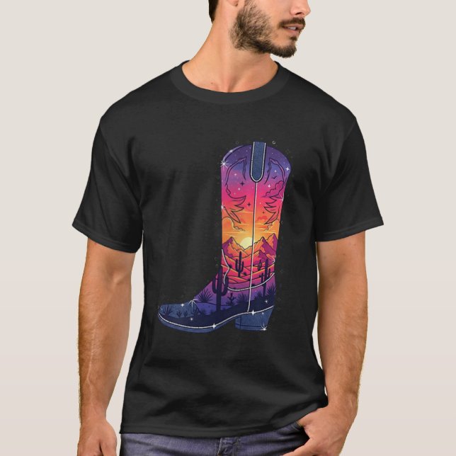 Womens Sky Cowgirl Boot Desert Sunset Dreamers Boh T-Shirt (Front)