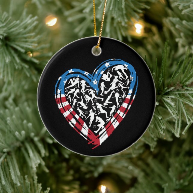 Women's Soccer Heart - USA American Flag Ceramic Ornament (Tree)