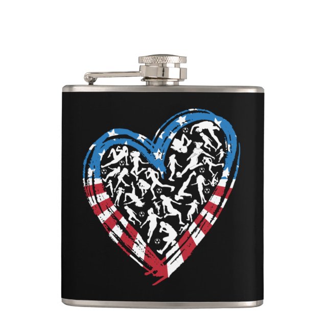 Women's Soccer Heart - USA American Flag Flask (Front)