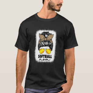 Womens Softball Mom Leopard Messy Bun Catcher Pitc T-Shirt