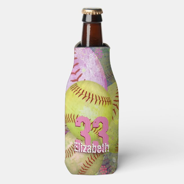 Women's Softball pink yellow Bottle Cooler (Bottle Front)