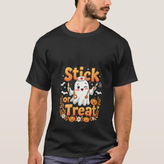 Womens Stick Or Treat Funny Ghost Nursing Hallowee T-Shirt