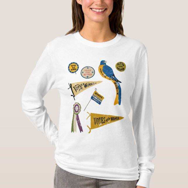 Womens Suffrage Movement Memorabilia Collage Print T-Shirt (Front)