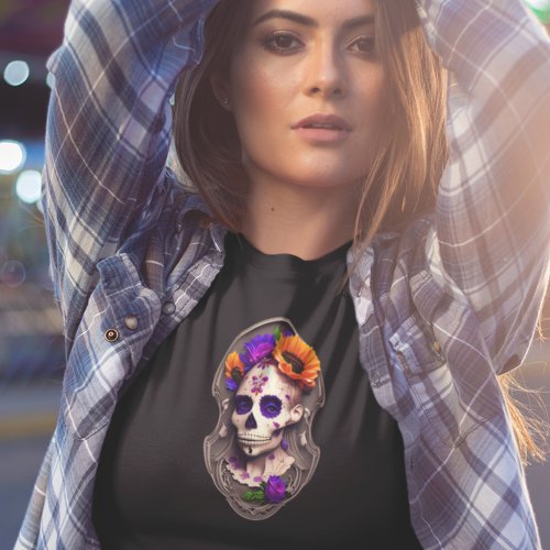 Womens Sugar Skull _ Purple  Orangs Creepy Skull T_Shirt