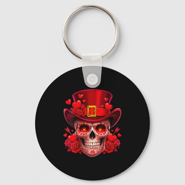 Women's Sugar Skull Valentine Cud Red Roses Couple Keychain (Front)