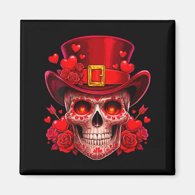 Women's Sugar Skull Valentine Cud Red Roses Couple Magnet (Front)