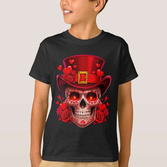 Women's Sugar Skull Valentine Cud Red Roses Couple T-Shirt (Front)