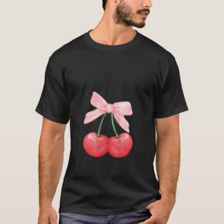 Womens Summer Watercolor Red Cherries Coquette Wit T-Shirt