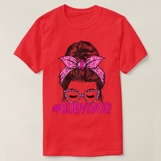 Womens Survivor Messy Bun Glasses Leopard Pink Bre T-Shirt (Design Front)