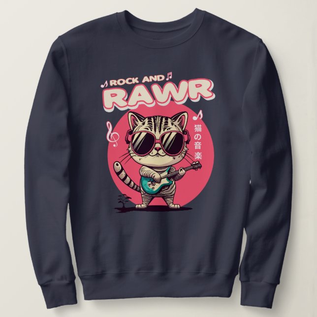 Women's Sweatshirt -Rock & Rawr Funny Kawaii Cat (Design Front)