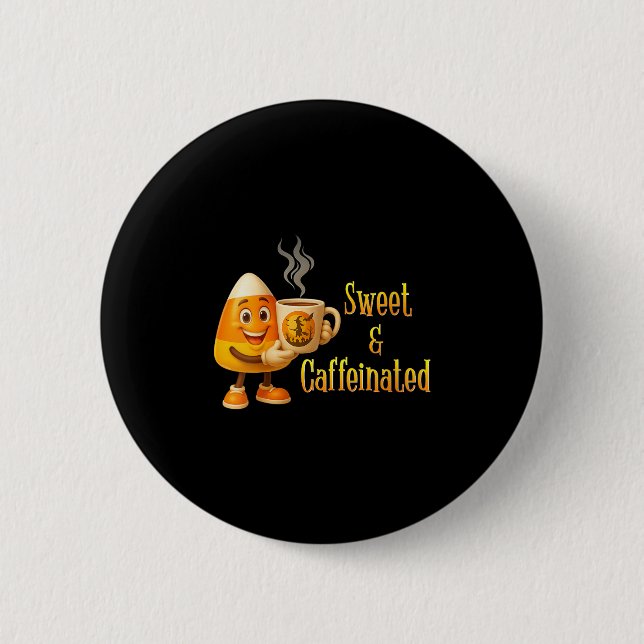 Womens Sweet And Caffeinated Candy Corn Coffee Hal Button (Front)