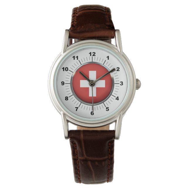 Women's Switzerland Flag Brown Leather Watch (Front)