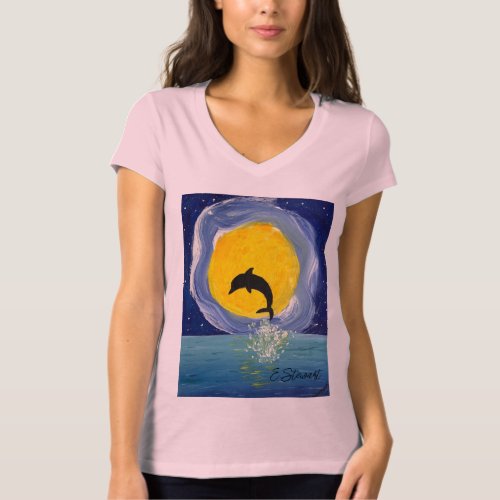 Womens T_Shirt _ Dolphin On Ocean Moon Light