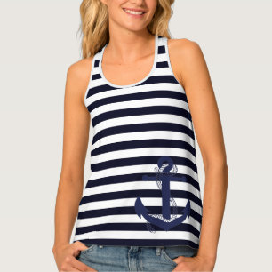 Womens Tank Top-Navy & White Stripes