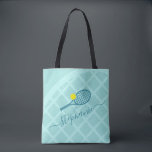 Women's Tennis Racket Monogram Teal Sports Tote Bag<br><div class="desc">Personalized teal tennis tote bag with a tennis racket monogram in an elegant and cute calligraphy script font, perfect for storing and transporting your practice gear and balls to the court or club and matches. The teal blue green and yellow custom printed name ensures no one will take your stuff...</div>