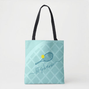 Women's Tennis Racket Monogram Teal Sports Tote Bag