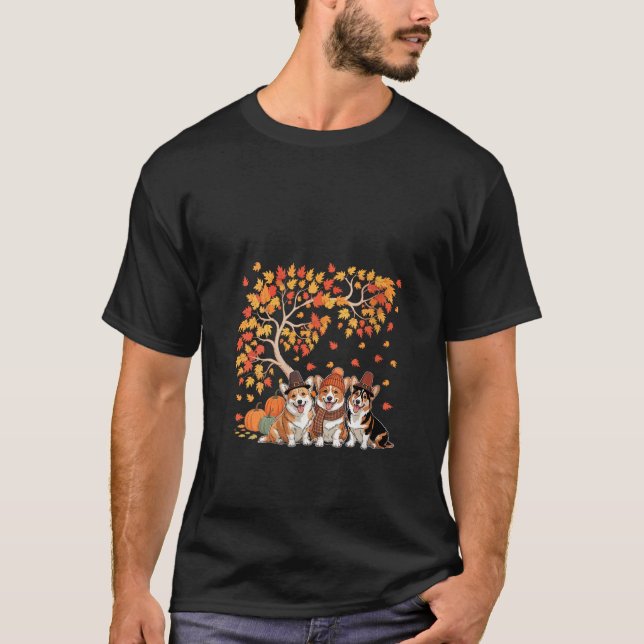 Womens Three Cute Corgis Pumpkins Under Fall Tree  T-Shirt (Front)