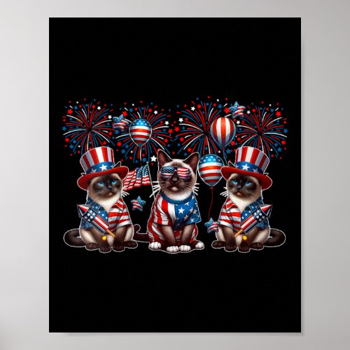 Womens Three Cute Siamese Cats 4th July Proud Flag Poster