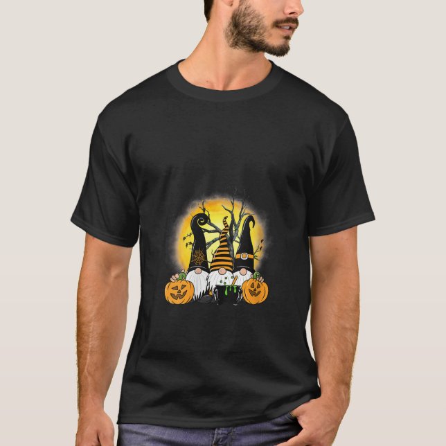 Womens Three Gnomes Happy Halloween Fall Candy Cor T-Shirt (Front)
