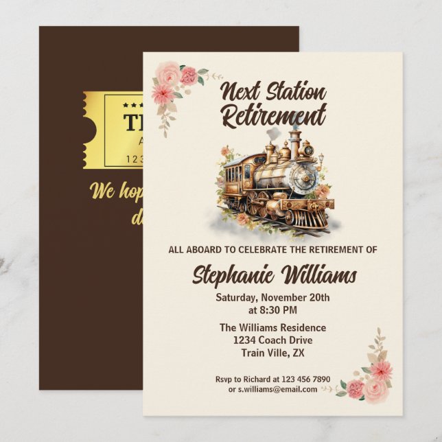Women's Travel Vintage Train Retirement Party Invitation (Front/Back)
