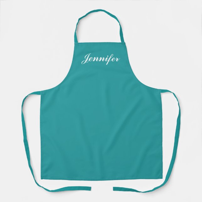 Womens Turquoise Teal Script Personalized Chef Apron (Front)