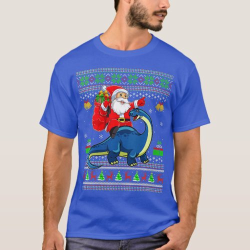 Womens Ugly Xmas Santa Riding Brontosaurus Dinosau T_Shirt