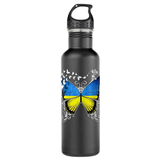 Womens Ukraine Flag Ukrainian Butterfly  Stainless Steel Water Bottle (Front)