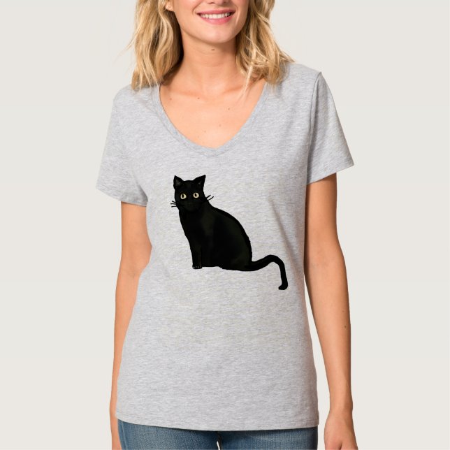 Women's V neck black cat shirt regular fit (Front)