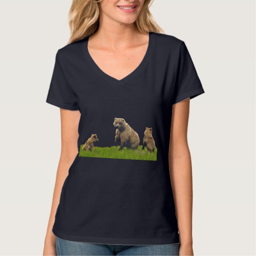 Womens V_Neck T_Shirt w grizzly bears  cubs