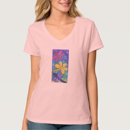 Women's V Neck Tee  -dragonflies At Play