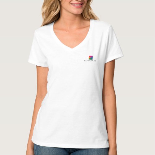 Womens V Neck White T_Shirts Company Logo Name