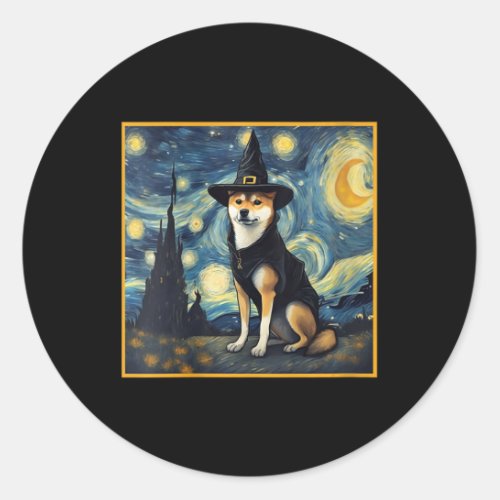 Womens Van Gogh Starry Night Shiba Inu Dog Hallowe Classic Round Sticker