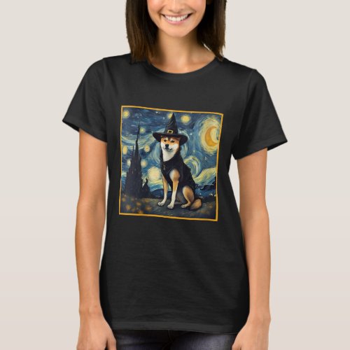 Womens Van Gogh Starry Night Shiba Inu Dog Hallowe T_Shirt