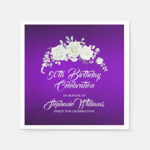 Women's Vintage Purple White Rose 50th Birthday Napkins